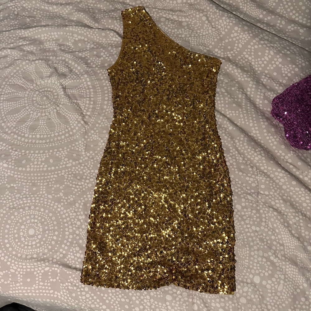 Gold Sequin One-Shoulder Dress